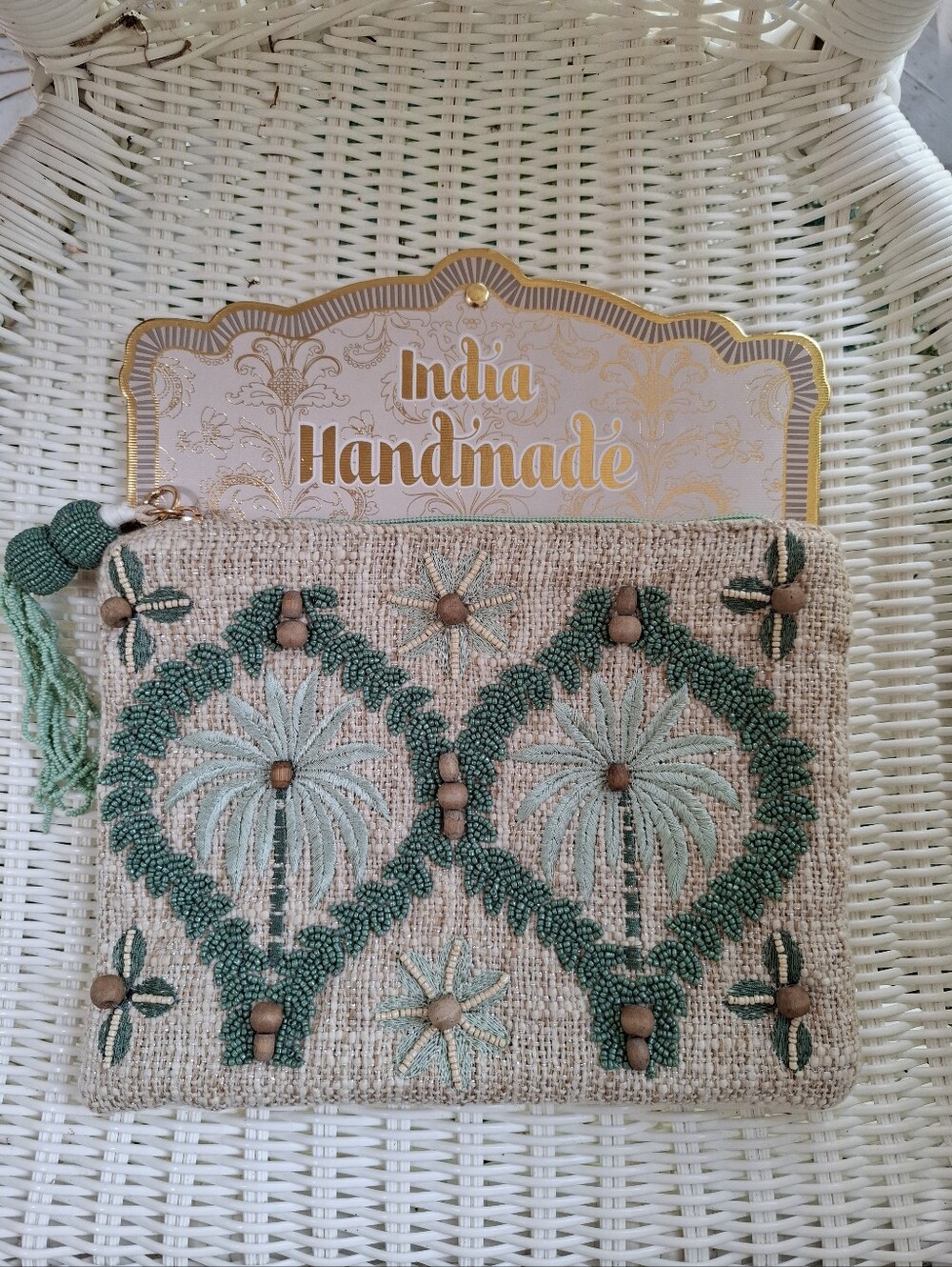 Handcrafted Beaded Green Palm Tree Coastal Medium Size Pouch NWT